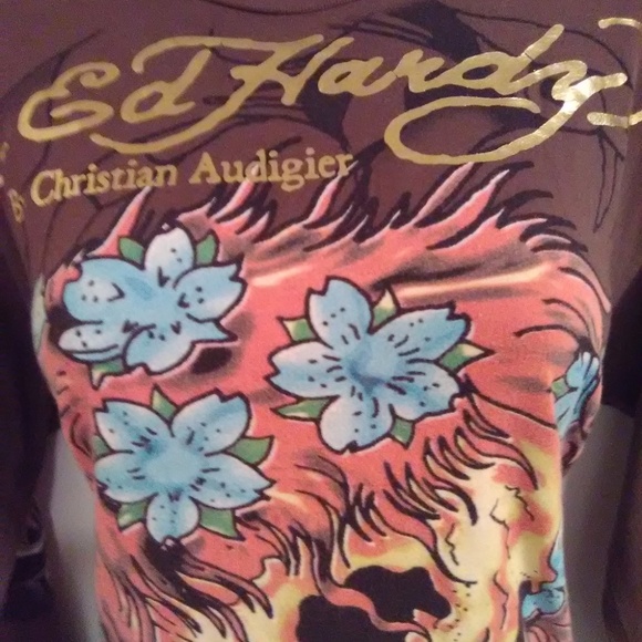 Ed Hardy Brown Long Sleeve Skull Graphics t-shirt Rare Find - Picture 2 of 16